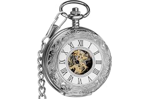 VIGOROSO Vintage Hand Wind Up Pocket Watches for Men, Mechanical Pocket Watch with Chain, Mens Skeleton Pocketwatch