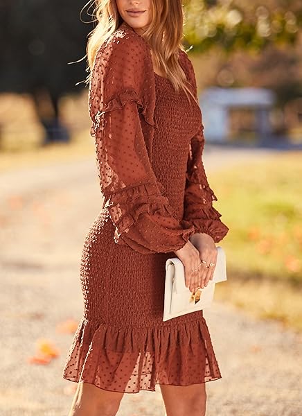 PRETTYGARDEN WOMENS 2024 FALL SMOCKED BODYCON MINI DRESS LONG SLEEVE SQUARE NECK SWISS DOT RUFFLE MERMAID ELEGANT DRESSES (BROWN,X-LARGE)