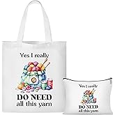 Canvas Crochet Tote Bag for Women - 2 Pcs Aesthetic Cosmetic Pouch Tote Bags, Yarn Pattern Fun Quote Design Reusable Grocery Bags, Gifts for Crochet Lovers Mom Friends