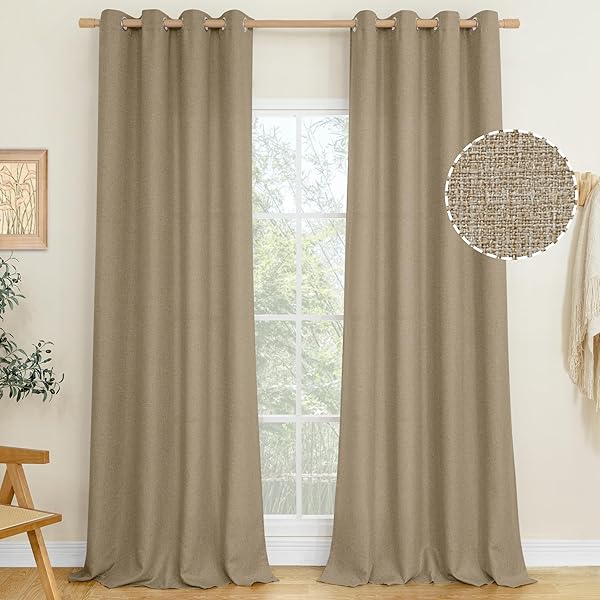 LAMIT LINEN TEXTURED CURTAINS FOR LIVING ROOM, 95 INCHES LONG GROMMET THERMAL INSULATED THICK BURLAP CURTAINS LIGHT FILTERING PANELS FOR BEDROOM/FARMHOUSE, SET OF 2 PANELS, W52 X L95, TAN BROWN