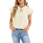 Funlingo Womens Summer Eyelet Tops Dressy Casual Ruffle Cap Sleeve Blouses Hollow Out Crochet Lace Embroidered Shirts