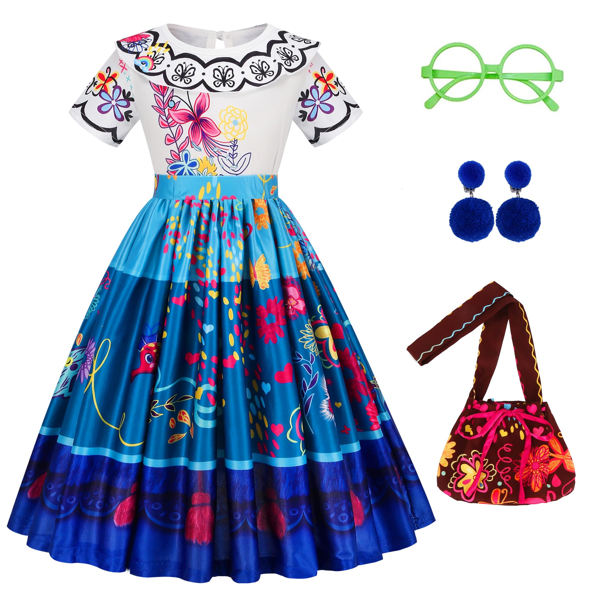 Foierp Princess Dress for Girls Blue Costume for Toddler Dress up Clothes with Bag Glasses Earrings Birthday Party Cosplay