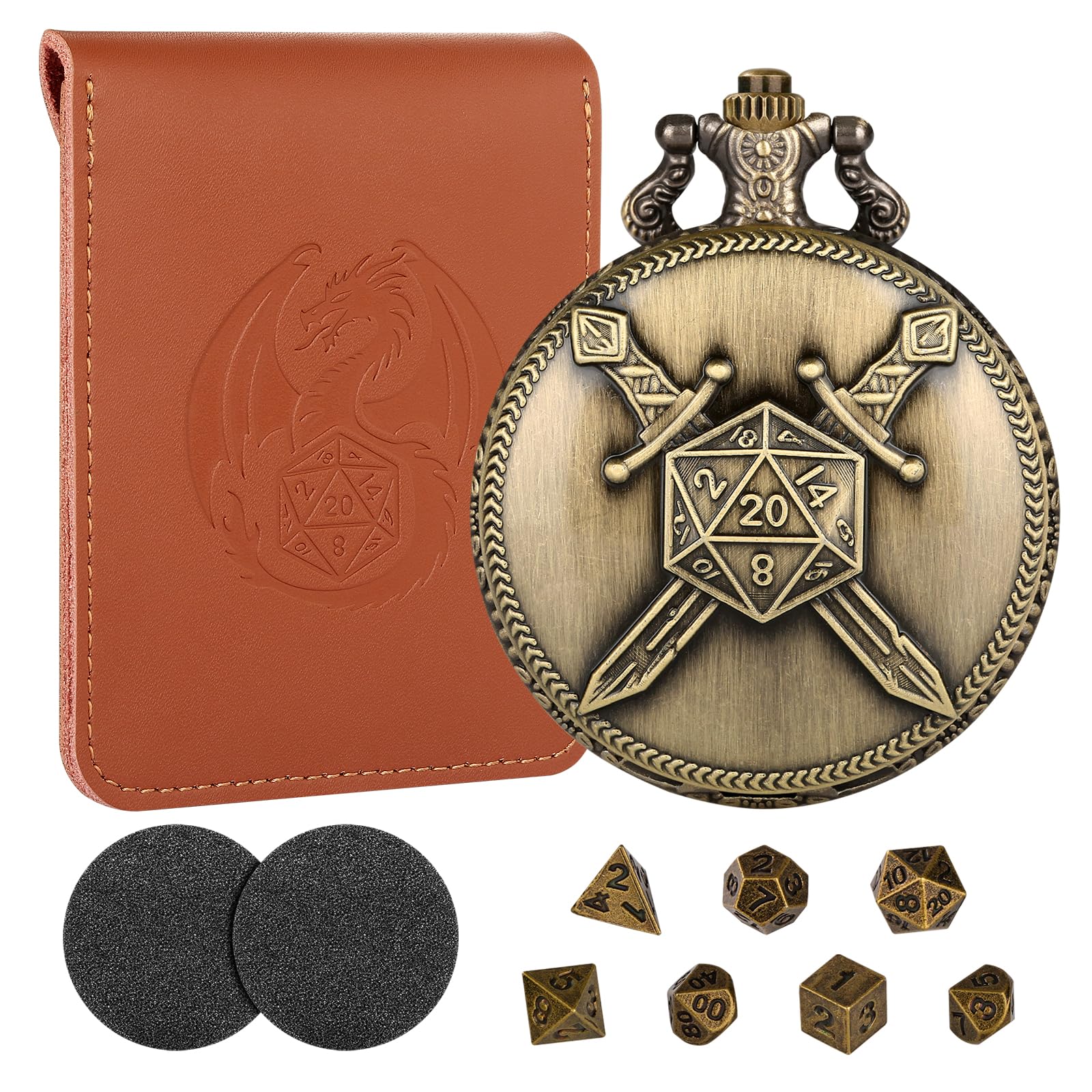 Mini DND Dice Set with Bronze Fighter Double Swords Pocket Watch Case, Gift with D&D Dice Bag, 7pcs Polyhedral Metal Dice Set, DND Starter Set, RPG Tabletop Games Accessories, Gifts for Men﻿ Women