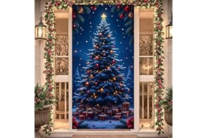 WOOSYTOO Merry Christmas Door Cover, Christmas Tree Door Hanging Backdrop Decoration Xmas Snowflake Porch Sign Front Door Banner Backdrop Background for Winter Holiday New Year Xmas Office Home Party Supplies