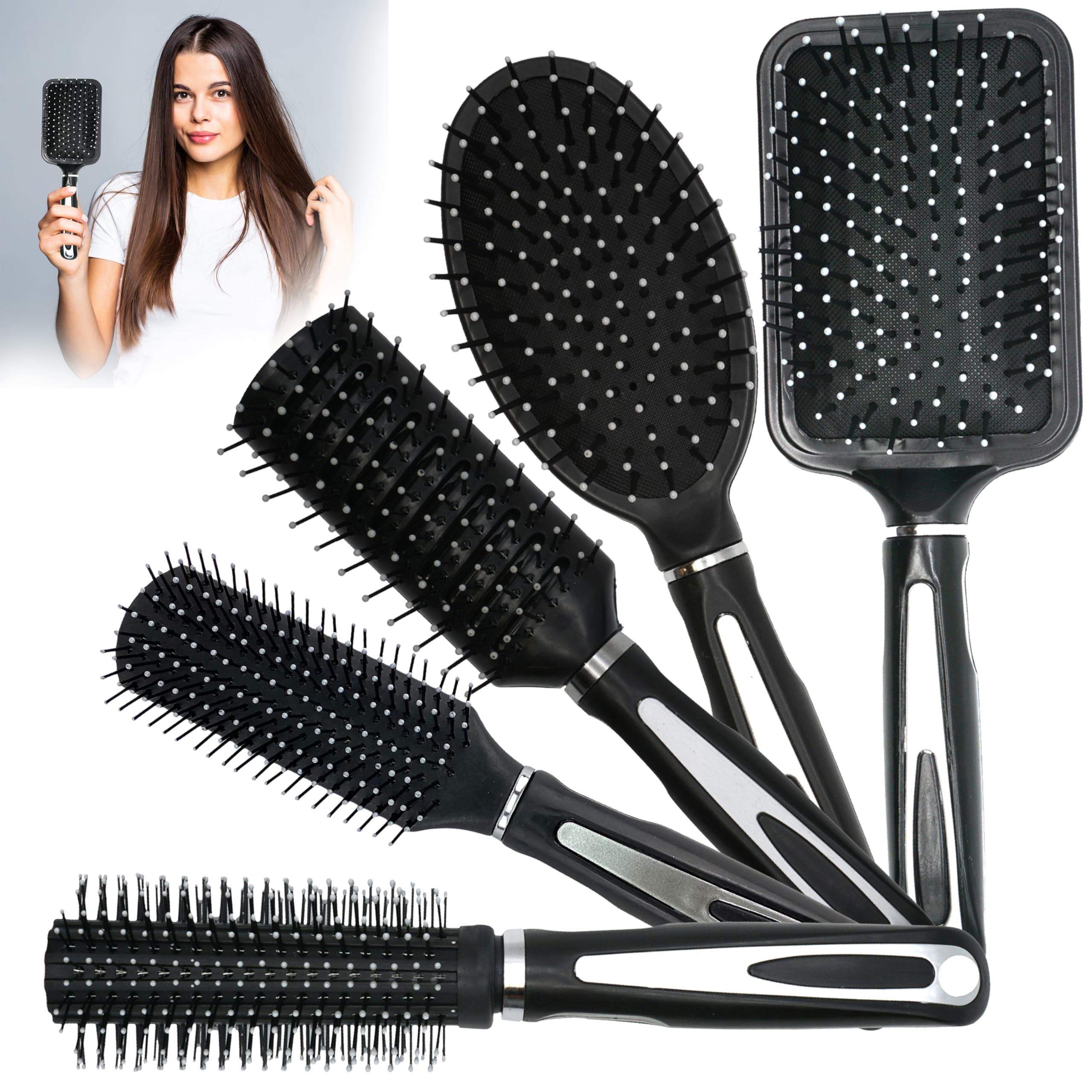 3 Pieces Girls Paddle Hair Brushes Set, Cushioned Brushes with Soft Bristles, Glitter Star Design Hair Detanglers, Styling Brushes for Kids and Adults