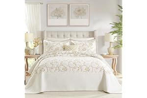 FineStichery 100% Cotton Oversized Bedspread Quilt Coverlet Set, 120"x120" Extra Large King Bedspreads with Pillow Shams, Lightweight Embroidered Bedding Cover 3 Piece, Beige/White