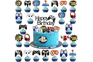 PRETYPS 25 PCS Video Game Cake Toppers Cupcake Toppers Glitter Video Game Theme Decorations, Party Decor for Games Fans, Kids and Men Birthday Sign Birthday Decor Party Supplies