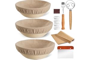 Banneton Bread Proofing Basket Set of 3, Kikcoin 8" & 9" & 10" Round Sourdough Bread Baking Supplies, Banneton Basket with Parchment Paper Sheets, Dough Whisk, Stainless Steel Scraper, Bread Lame