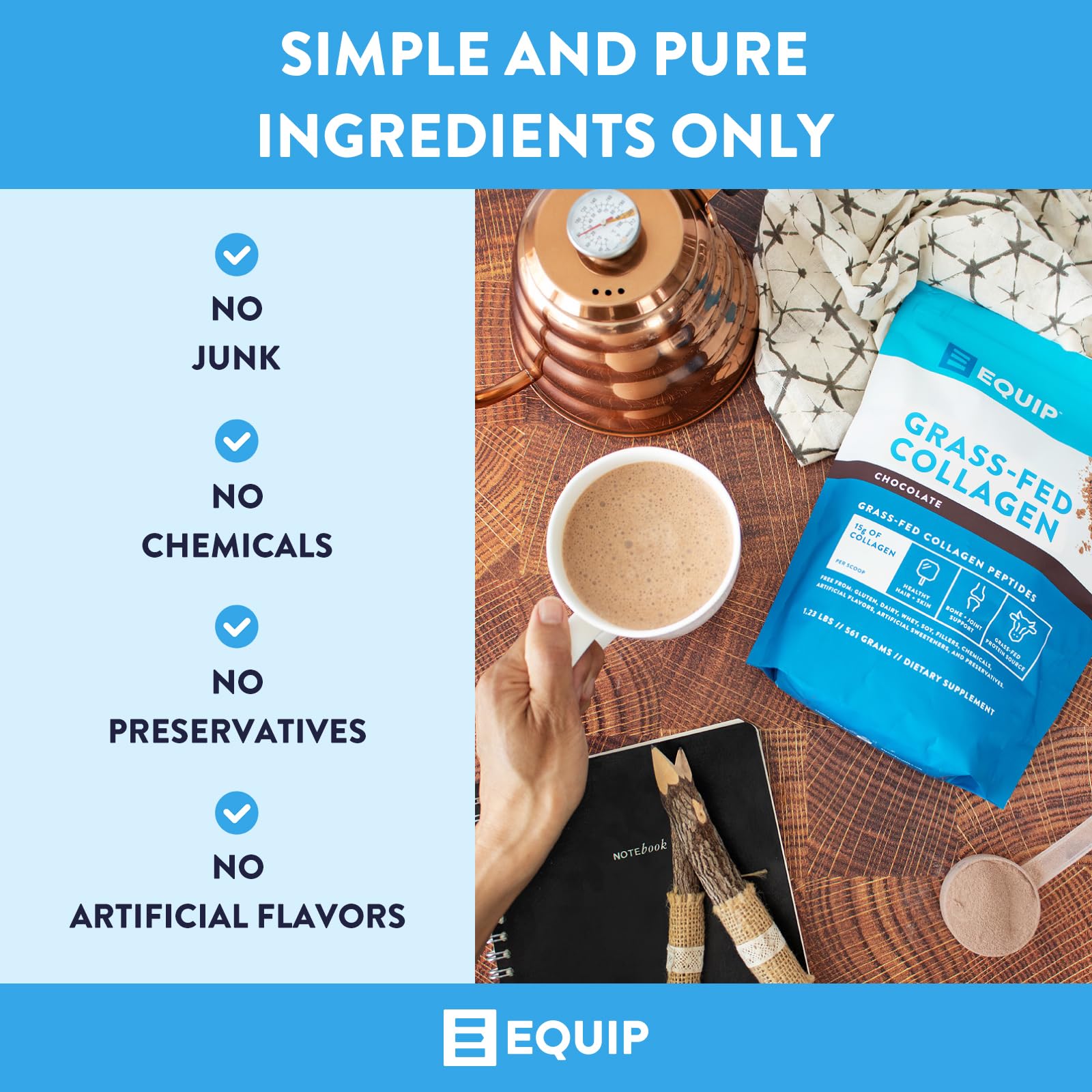 Equip Foods Grass Fed Collagen Powder | Hydrolyzed Bovine Collagen Peptides with Amino Acids | Prime Beef Collagen for Healthy Joints, Skin & Nails | Non-GMO, Paleo Friendly | 30 Servings, Chocolate