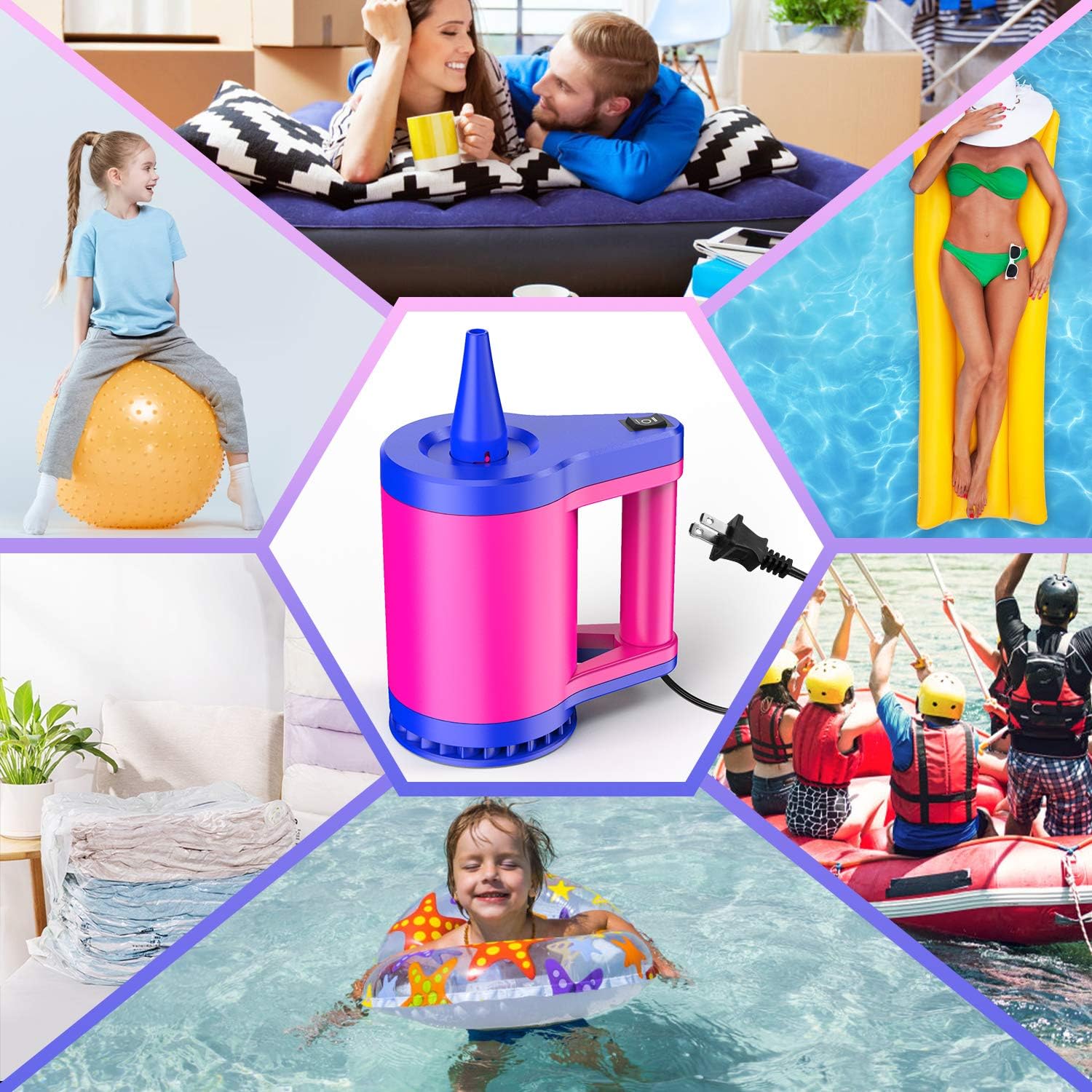 Pumteck 2 in 1 Electric Balloon Pump and Air pump for Inflatables,Air Mattress Pump,Quick-Fill Electric Inflator with 5 Nozzle for Inflating/Deflating Air Mattress/Raft/Bed/Boat/Pool Toy/Yoga Ball: Toys & Games