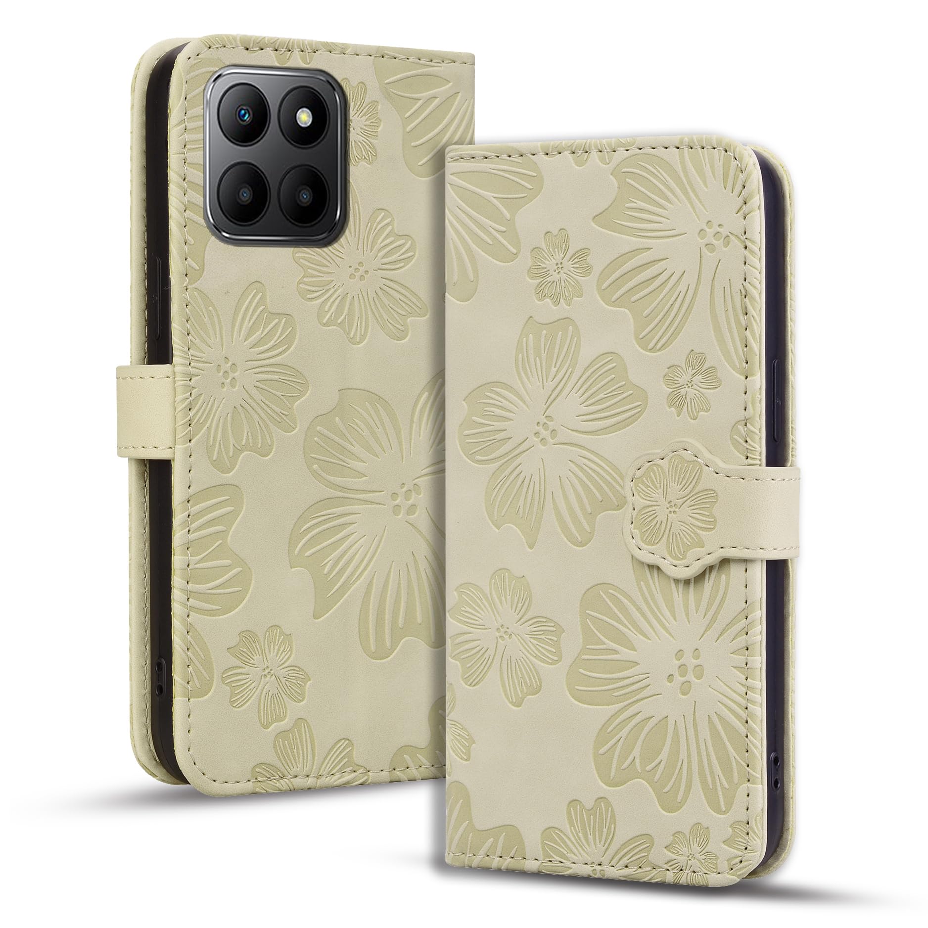 Rosbtib Case for Honor X6 4G/ X8 5G/ Honor 70 Lite 5G PU leather Flip Protective Case with Card slot Magnetic Closure Cherry Blossom Embossing Cover Honor 70 Lite 5G, khaki