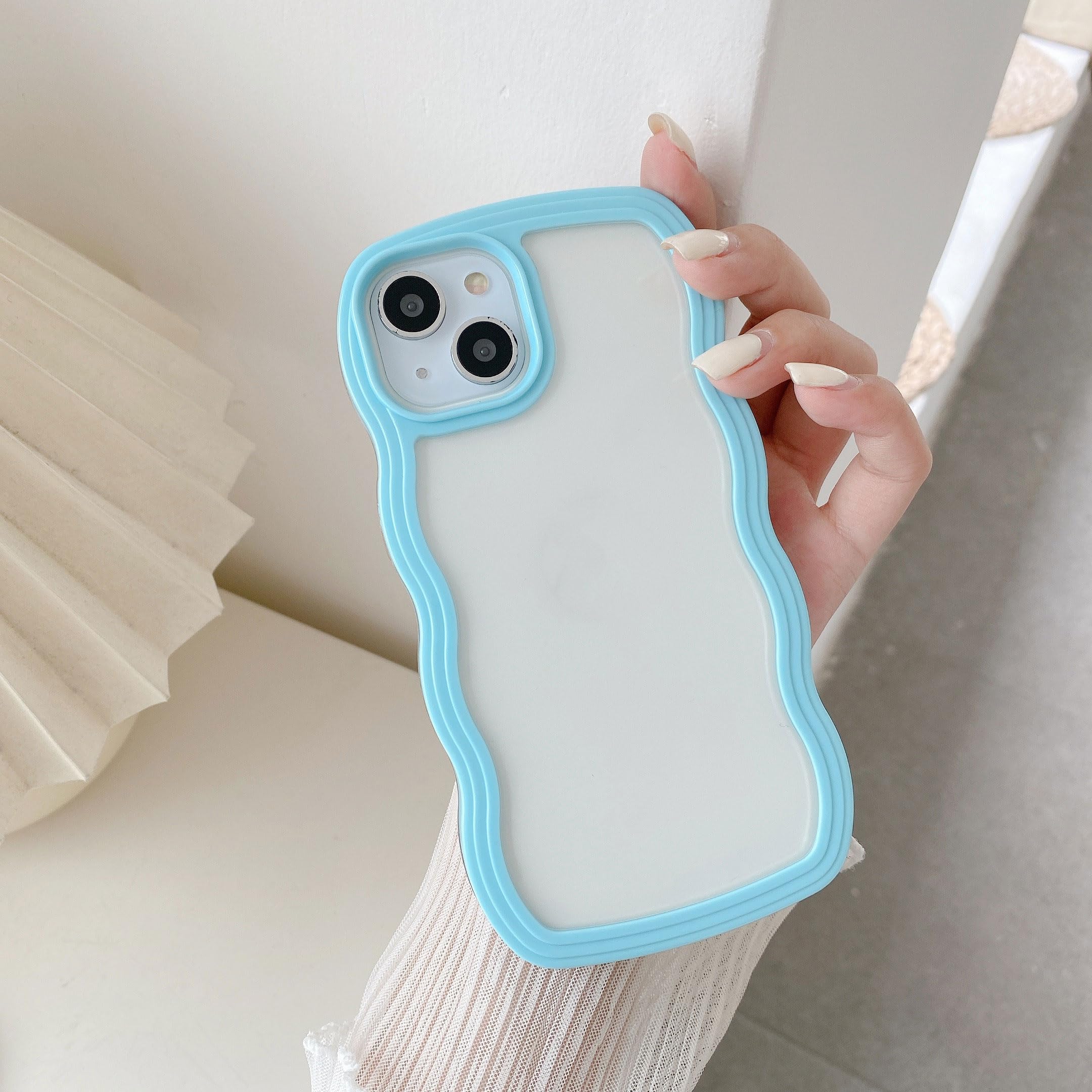 QLTYPRI Compatible with iPhone 15 Case, Cute Curly Wave Frame Clear Case for Girls Women, Transparent Soft Silicone TPU Bumper Shockproof Protective Cover for iPhone 15 - Sierra Blue — image 1
