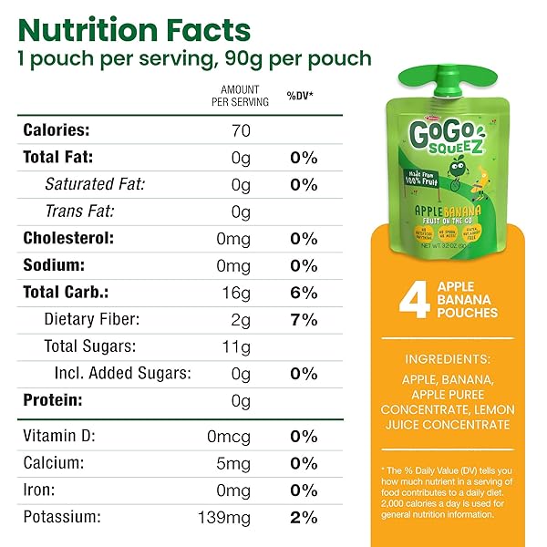 GOGO SQUEEZ APPLESAUCE AND FRUIT PUREE, APPLE BANANA, 3.2 OZ (PACK OF 4), UNSWEETENED FRUIT SNACKS FOR KIDS, GLUTEN FREE, NUT FREE AND DAIRY FREE, BPA FREE POUCHES (PACKAGING MAY VARY)
