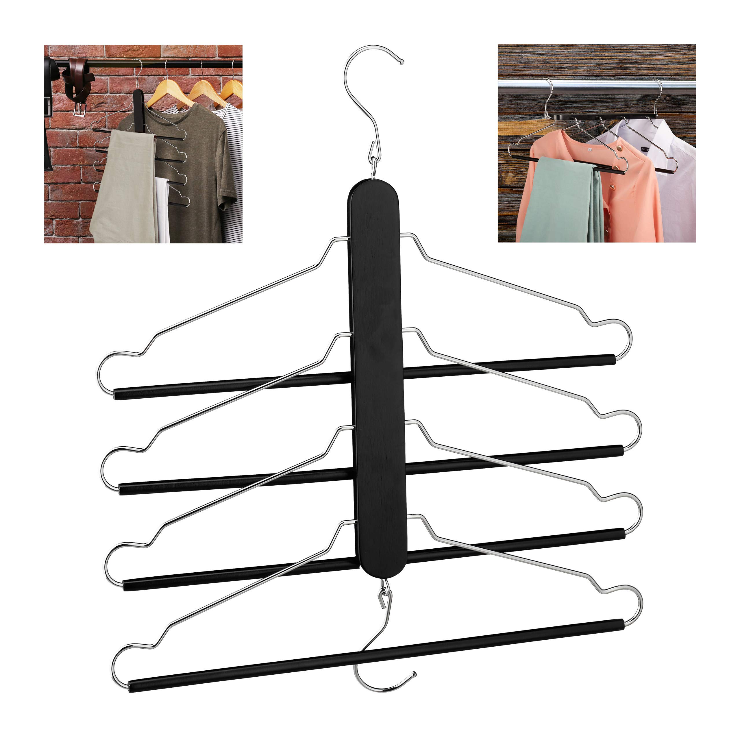 Relaxdays Multi Clothes Hanger, Holder with 4 Flexible Coat Hangers, Organiser, Metal Hooks, Iron, Lotus Wood, Black