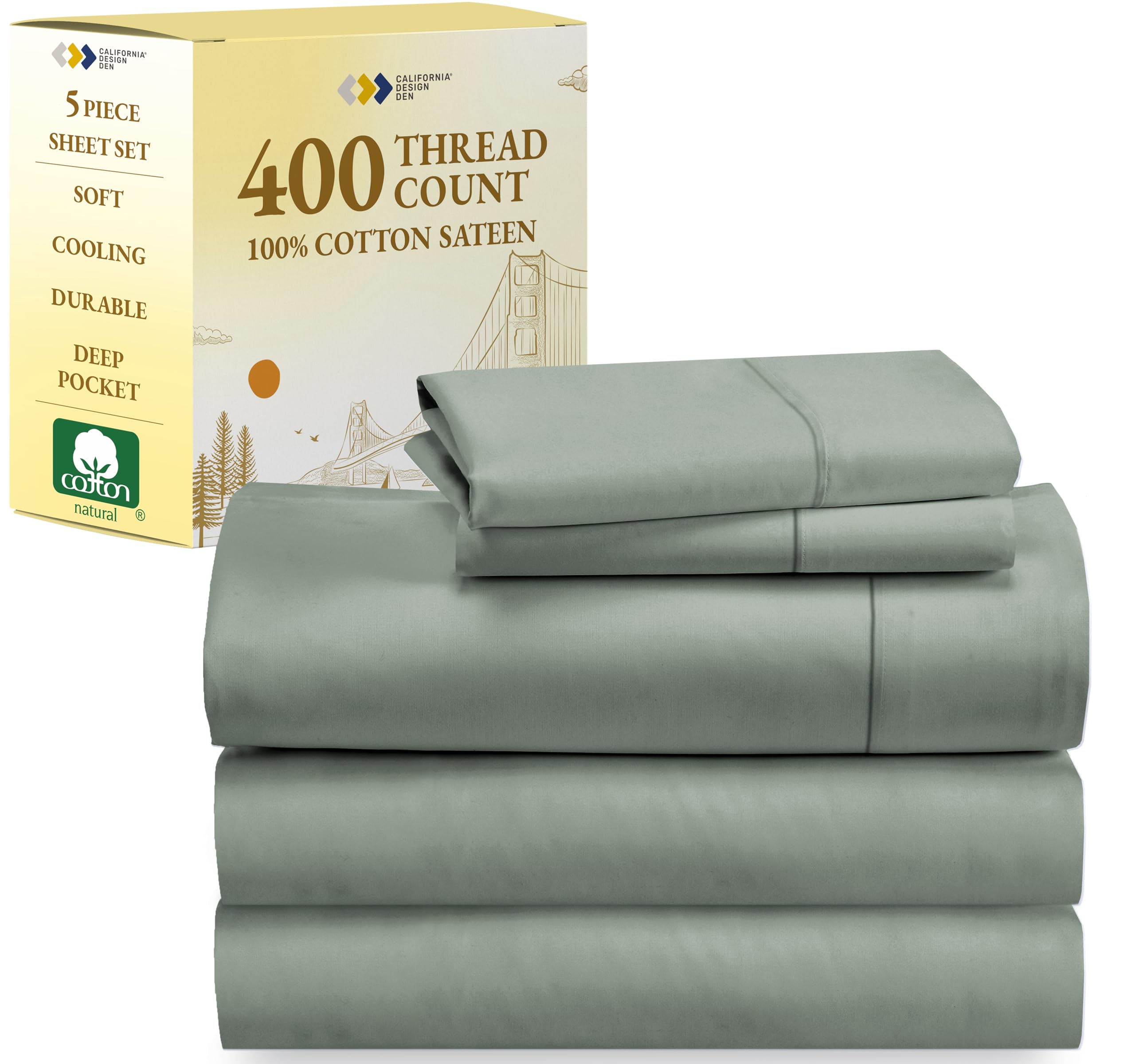 Photo 1 of California Design Den Split King Sheets Sets for Adjustable Bed - Soft 400 Thread Count Sateen, Natural 100% Cotton Sheets with Deep Pockets, Breathable, Cooling and Durable Bedding Set - Sage Green