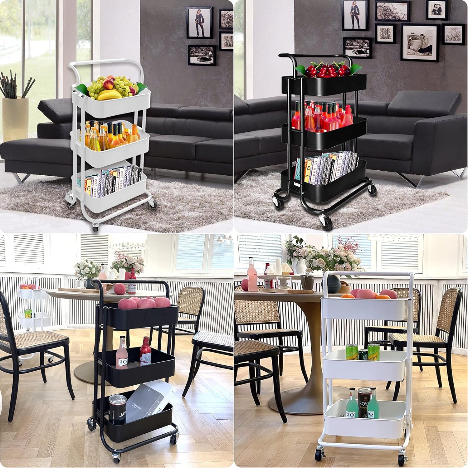 DOSURBAN 3 Tier Rolling Utility Cart with Wheels, Multifunctional Metal Storage Organizer Shelves with Mesh Baskets and Handle, Rolling Trolley Service Cart for Salon, Kitchen, Office, Bathroom: Kitchen & Dining