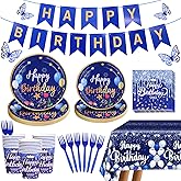 Ruicnte Blue Happy Birthday Party Supplies Tableware Set Birthday Decoration with Banner and Tablecloths Plates Cups Napkins Party Dinnerware for 24 Guests Men Boys
