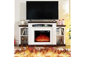 OKYCI 72" Electric Fireplace with Mantel, Fireplace TV Stand for 80 Inch TV, Modern Entertainment Center with Storage & Bookshelves, Stylish Wave Design with Remote Control for Living Room,White
