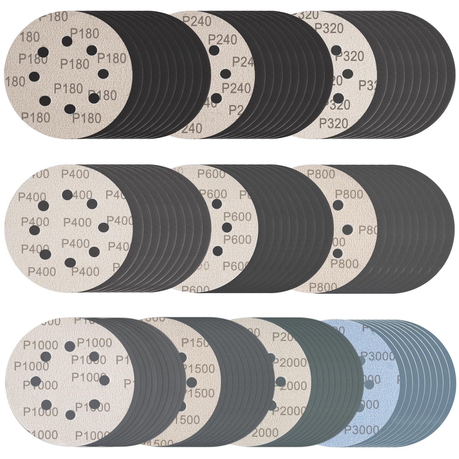 Photo 1 of 100 Pcs 5 Inch Sanding Discs Hook & Loop 8 Holes Wet Dry Sandpaper 180 240 320 400 600 800 1000 1500 2000 3000 Assortment Grits Silicon Carbide Orbital Sander Sand Paper for Wood Automotive Metal