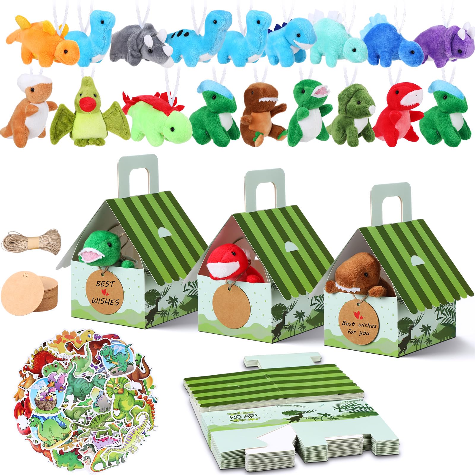 Photo 1 of Spakon 88 Pcs Dinosaur Party Favors for Boys and Girls Includes 18 Sets Mini Stuffed Animals Plush Keychains Gift Box House Stickers Adopt a Dinosaur Party Favor for Birthday Supplies