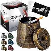 roygra Ash Tray with Lid, Outdoor Ashtray for Outside Patio with 3 Holders | Smokeless Metal Indoor Ashtrays for Cigarettes Cigars, Windproof Smoking Accessories, Portable Home Decor, Gifts for Smokers