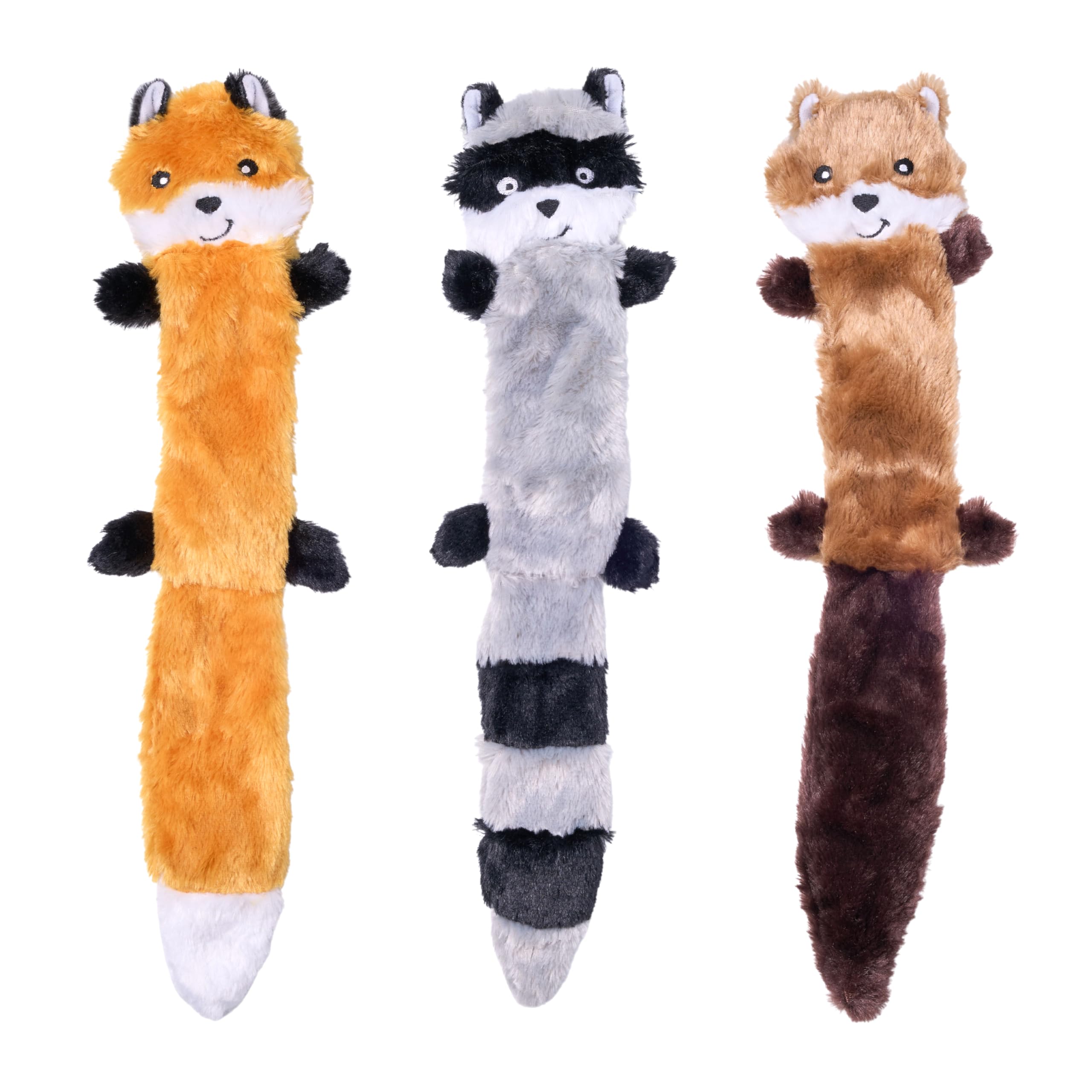 ZippyPaws - Skinny Peltz No Stuffing Squeaky Plush Dog Toy, Fox, Raccoon, and Squirrel - Large