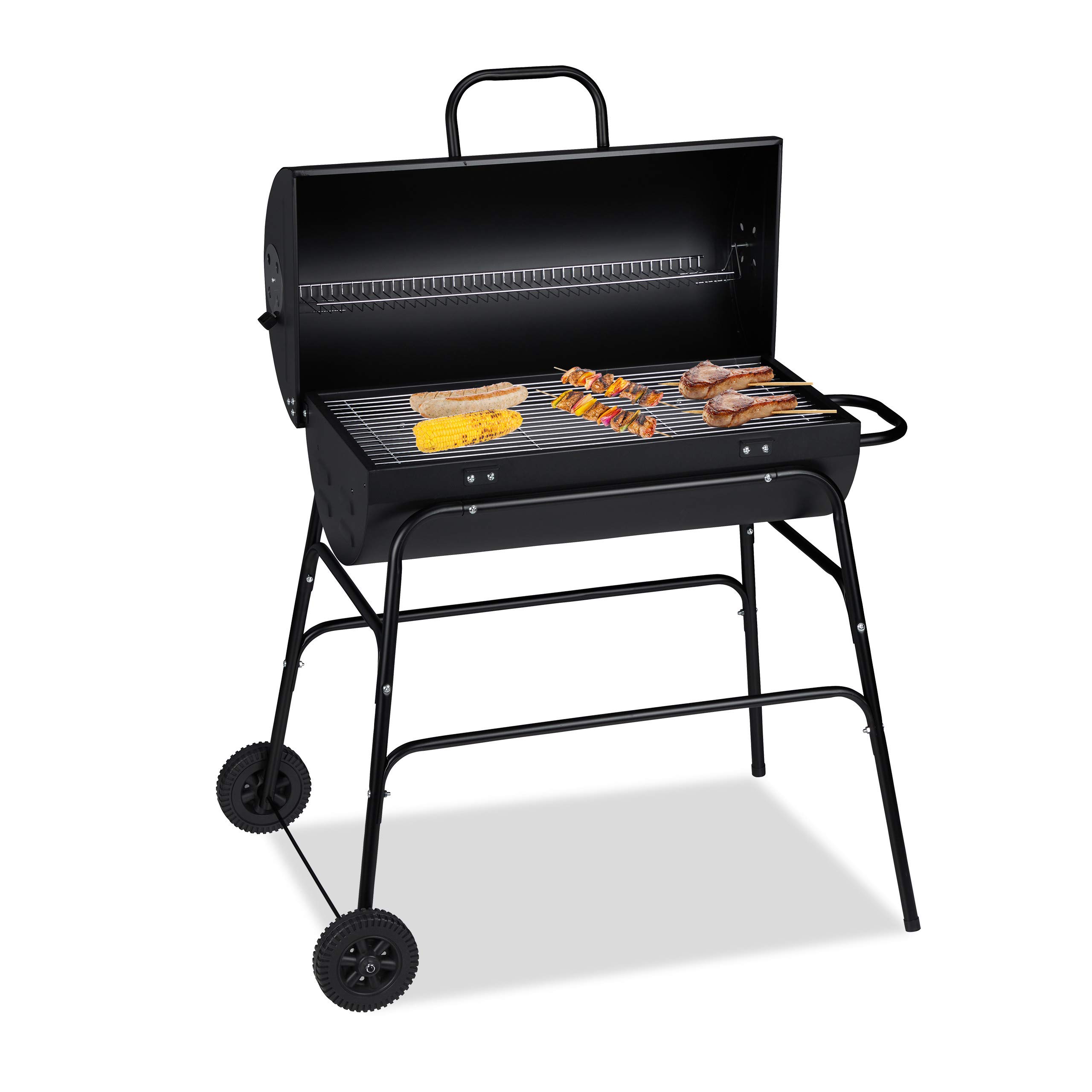 Relaxdays Charcoal Grill, XXL, Portable Barbecue Trolley, Adjustable Ventilation, HxWxD: 96.5 x 103 x 64.5 cm, Black