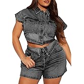 Quzzion Two Piece Short Denim Sets for Women Summer Button Down Asymmetrical Waisted Sexy Cowgirl Jean Outfits