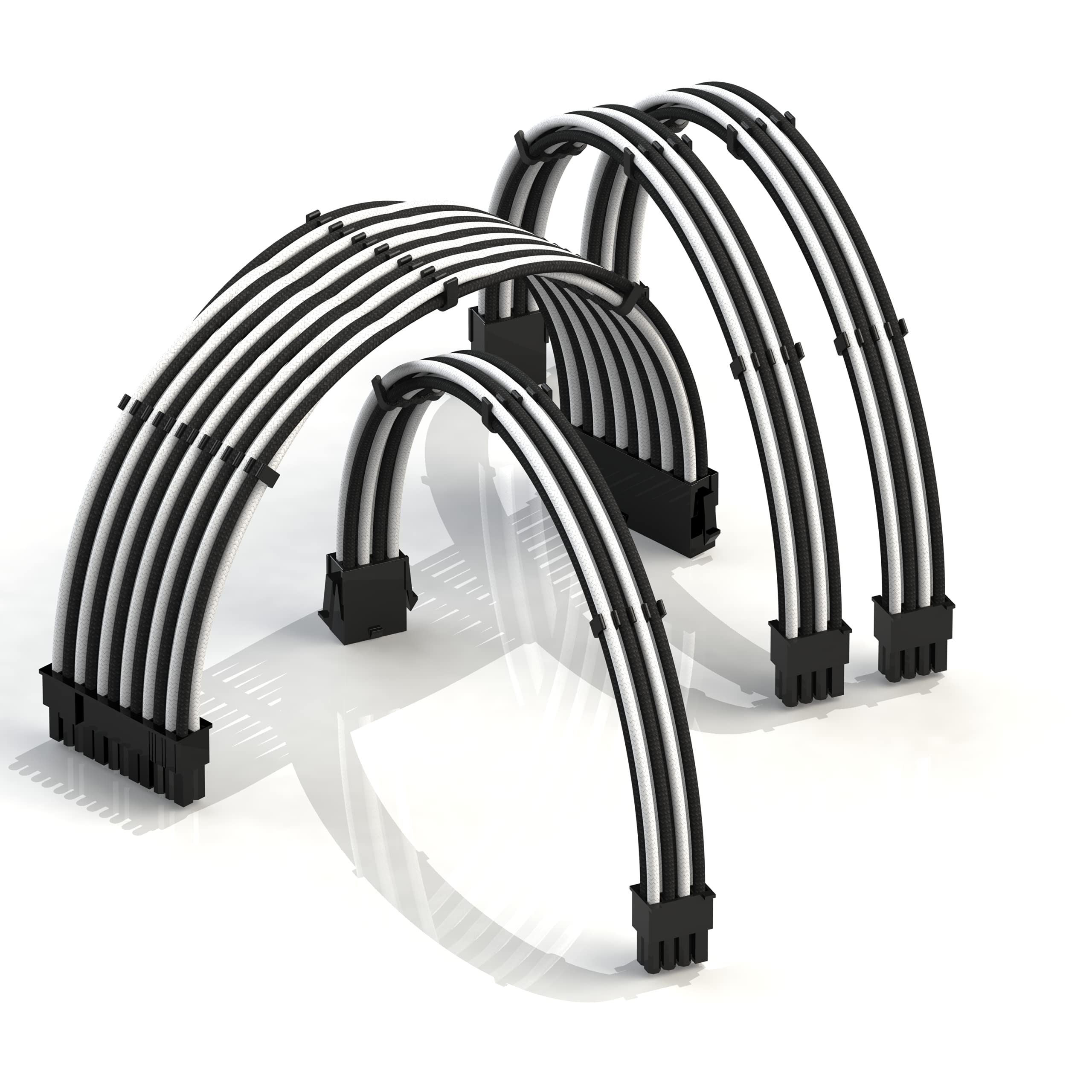 LINKUP - AVA 30cm PSU Cable Extension Sleeved Custom Mod GPU PC Braided w/Comb Kit | 1 x 24 P (20+4) | 1 x 8 P (4+4) CPU | 2 x 8 P (6+2) GPU set | 300mm - WhiteBlack