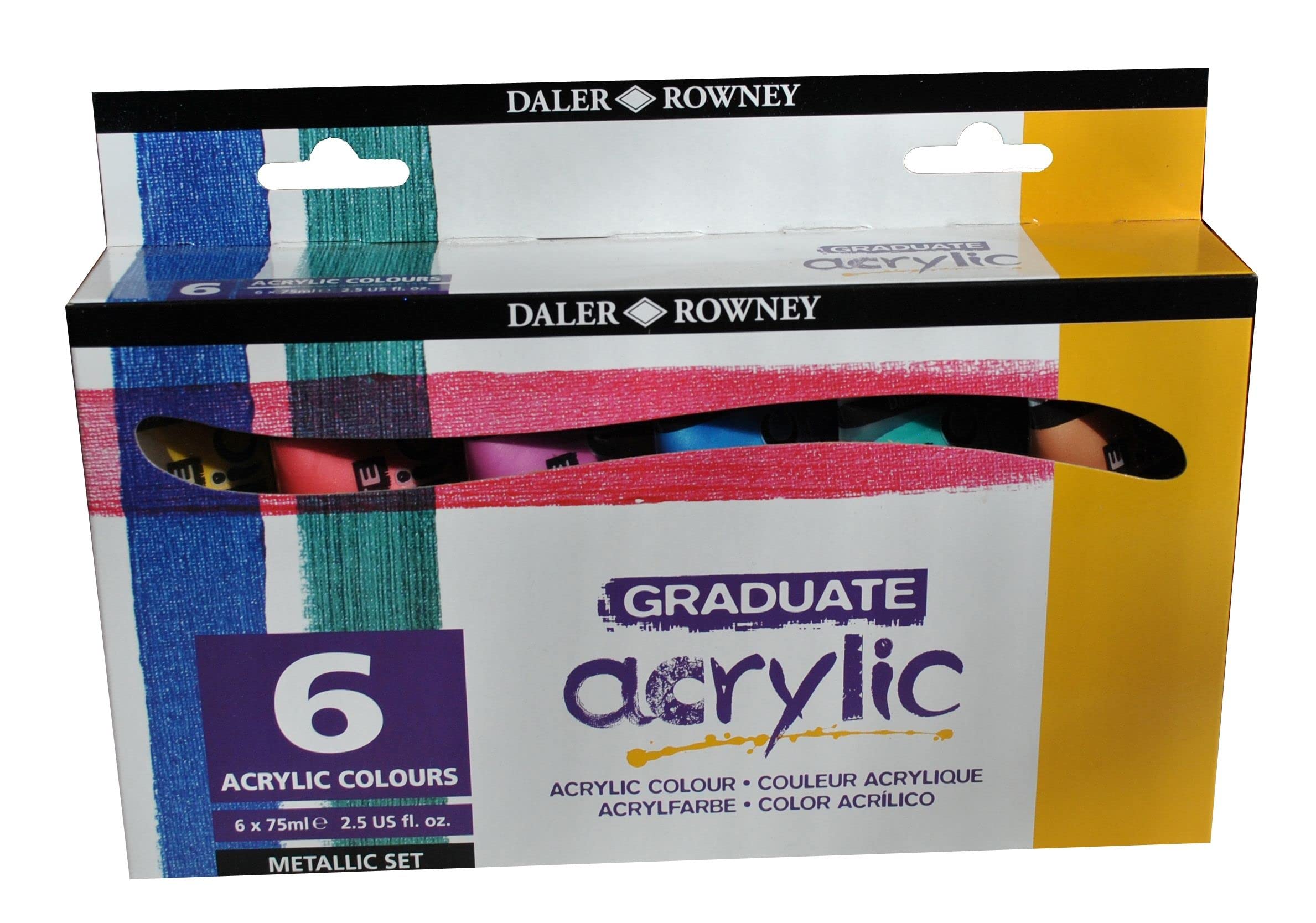 Daler-Rowney Graduate Acrylic Paint, 2.54oz - 75 ml, Cardboard Box, Metallic Set, 6 Assorted Colours