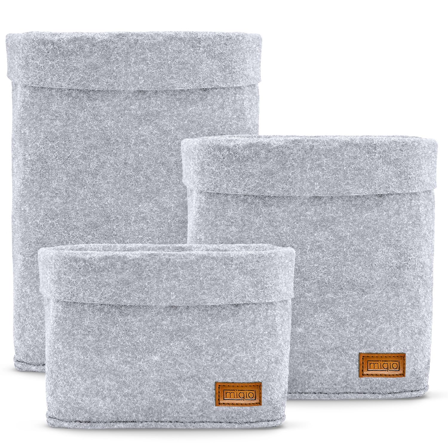 MIQIO® Design Premium Felt Basket, Set of 3, Storage Baskets, Ökotex Certified, Foldable Organiser, Organiser Box for Kitchen, Living Room, Hallway or Bathroom, Light Grey