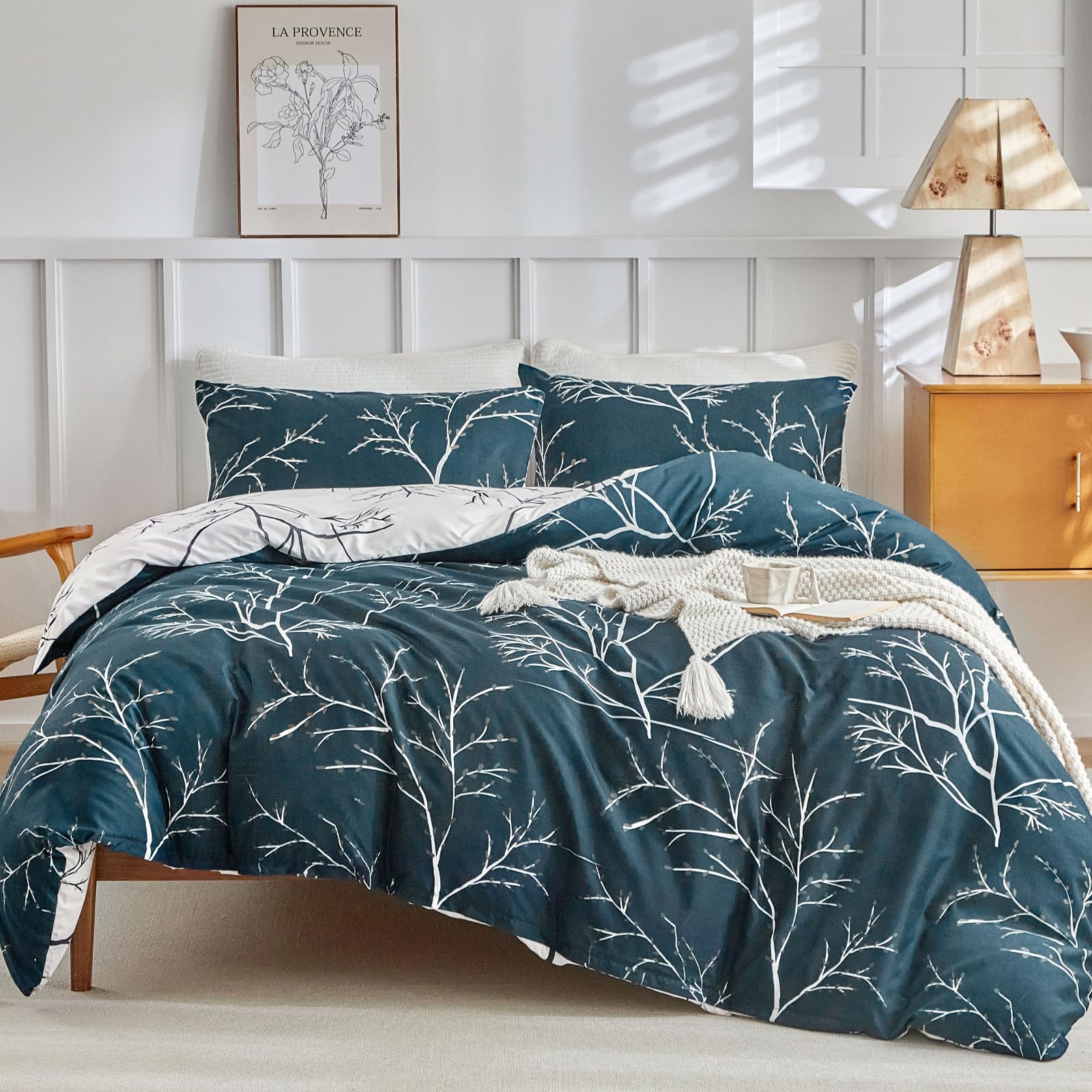 Tokokimo Super King Duvet Set Blue Bedding Set, Botanical Branch Printed Super King Size Duvet Cover Sets (1x Duvet Cover + 2x Pillowcase), Soft Microfibre Super King Duvet Cover 260x220 cm, Blue