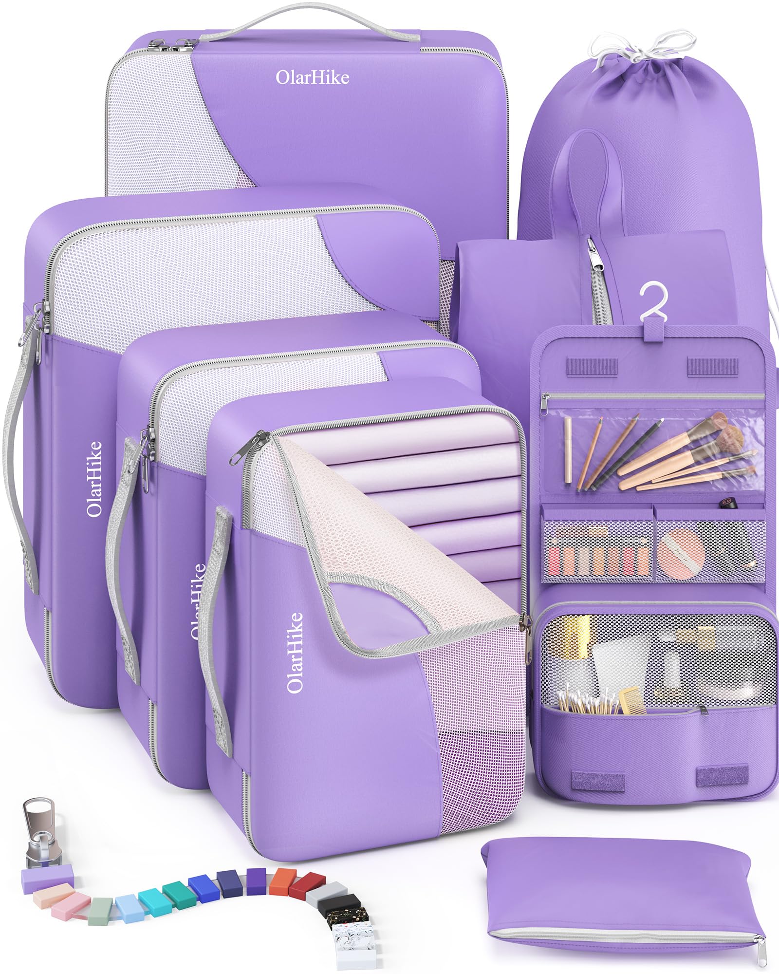Photo 1 of 8 Set Packing Cubes for Travel, Gifts for Women Mom,Anti-Tearing Suitcase Organizer for Luggage with Shoe & Hanging Toiletry Bag,OlarHike Vacation Essentials & Accessories for Cruise Ship,Purple