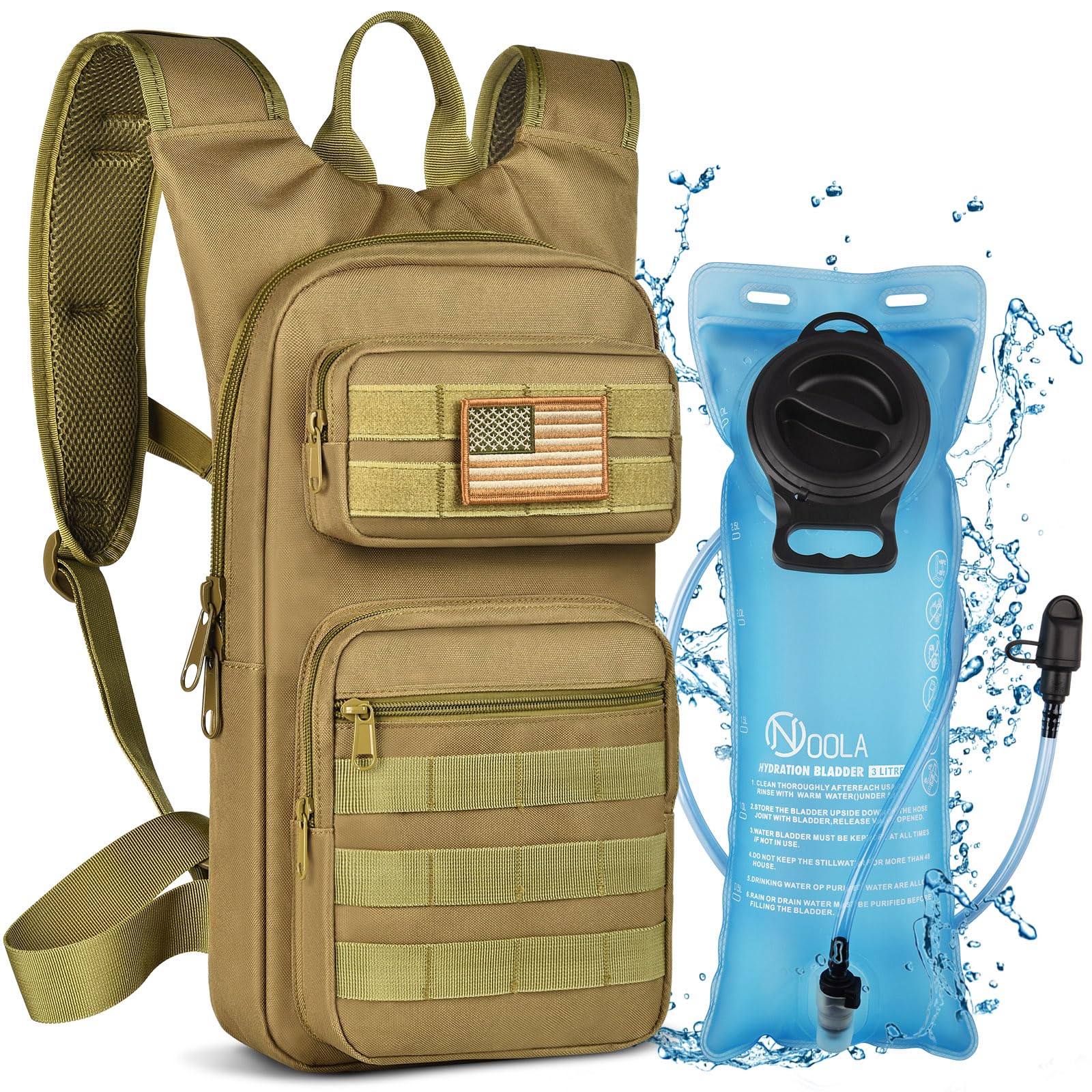 Photo 1 of NOOLA Hydration Backpack with 3L TPU Water Bladder, Tactical Molle Water Backpack for Men Women, Hydration Pack for Hiking, Biking, Running and Climbing ,Tan