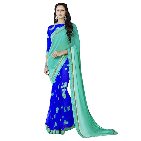Womens Georgette and Krack Jack Printed Half and Half Saree (SHAMA6663SSSR004, Turquoise Blue)