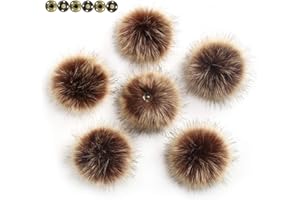 LFOUVRE Pack of 6 Detachable Faux Fox Fur Pom Poms for Hats with Snap 4.3inch/11CM DIY Handmade Accessories (Brown)