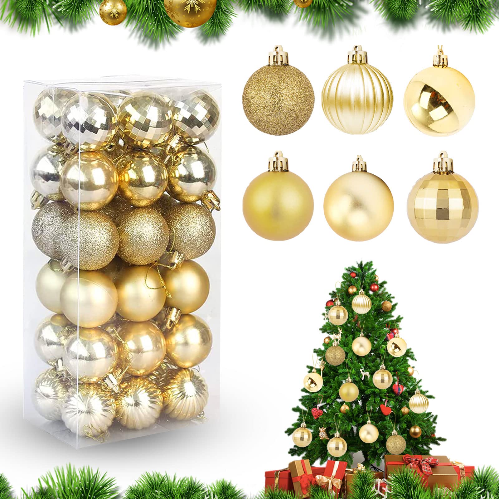 Feliciay 36pcs Christmas Ball Baubles Assorted Pendant Shatterproof Ornament Set Xmas Tree Decorations Hanging Decoration Seasonal Holiday Wedding Party Decorative Pendants (Gold, 4 cm)