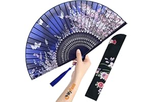 OMyFans Hand Fan for Women Foldable - Folding Chinese Japanese Vintage Bamboo Silk Fan - Ideal for Hot Flashes, Church, EDM, Festivals, Dancing and Gifts (Sakura-Blue)