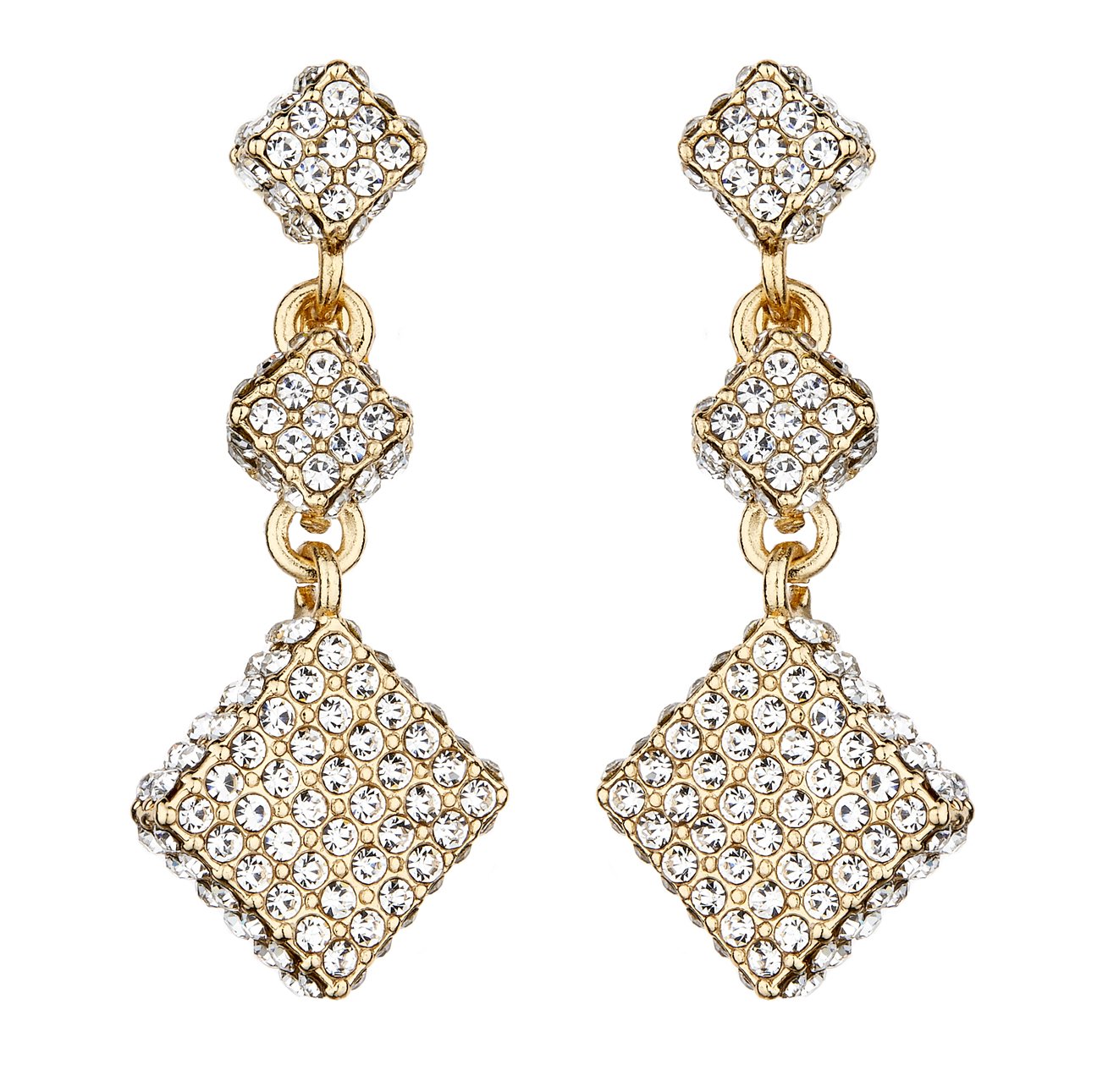Gold Plated Clip On Earrings With Two Linked Clear Crystal Cubes And Square - Bolbe