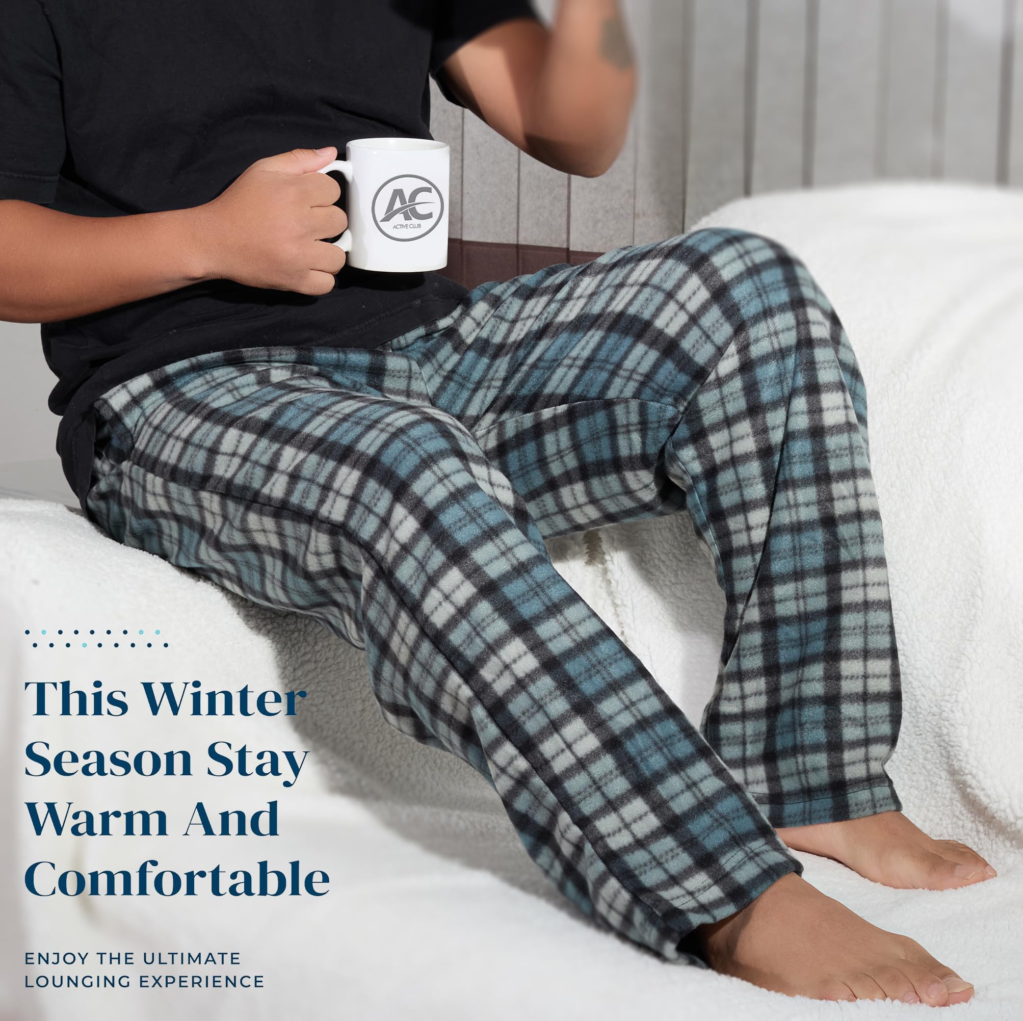 Active Club Mens Sleep Pajama Pants - Mens Fleece Lounge Pants (Grey & Navy Plaid, Medium)