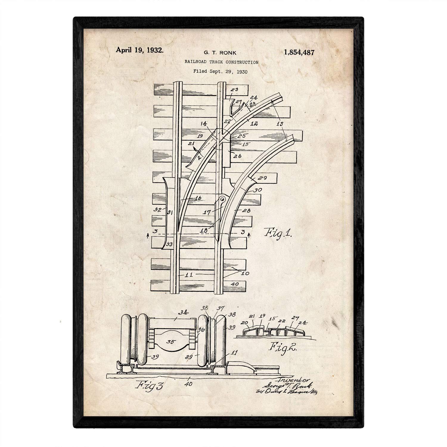 Nacnic Poster patent Via train. Sheet with old design patent in A3 size and vintage background
