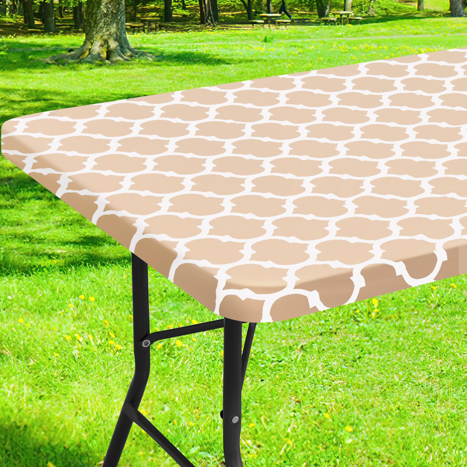 Photo 1 of Smiry Rectangle Picnic Table Cover, Waterproof Elastic Fitted Camping Tablecloths for 5 Foot Tables, Wipeable Flannel Backed Vinyl Tablecloth Protector for Indoor, Outdoor (Khaki, 30x60 Inches)