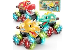 Intoypad 3 Pack Dinosaur Car Toys for Kids Toddlers, Light up Wheels Monster Truck Toys for Boys 2 3 4 5 6 7 8 Years Old Christmas Birthady Gifts Press & Go Dino Trucks Toy for Toddler Boy Baby