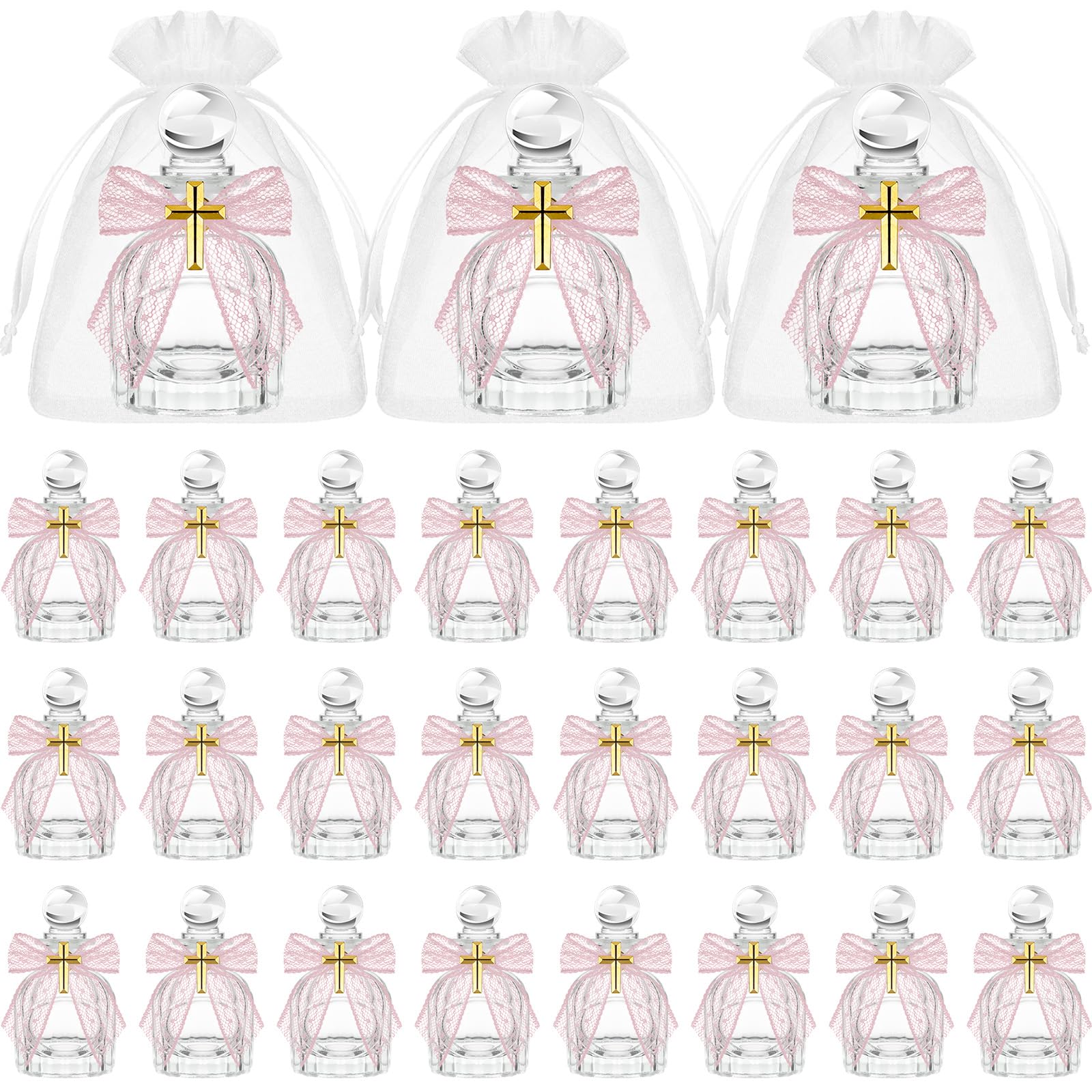 Photo 1 of Newtay Holy Water Bottles Catholic Bulk Glass Baptism Favors for Guests Christian Water Container with Cross Organza Bags Bow for Holy Communion Gifts Church Wedding Baptism(Pink,24 Set)