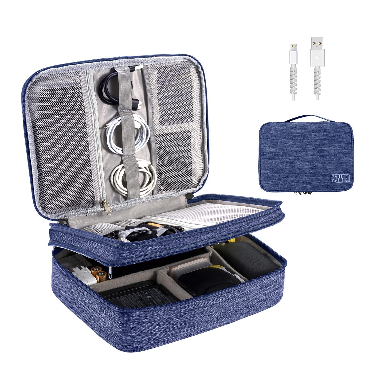 OrgaWise Accessories Bag Cable Case Electronics Organiser, Travel Cable Organisers for Carry Power Bank, Camera, and Memory Card Extra Send 2 pcs Data protect sets (3-layer-blue)