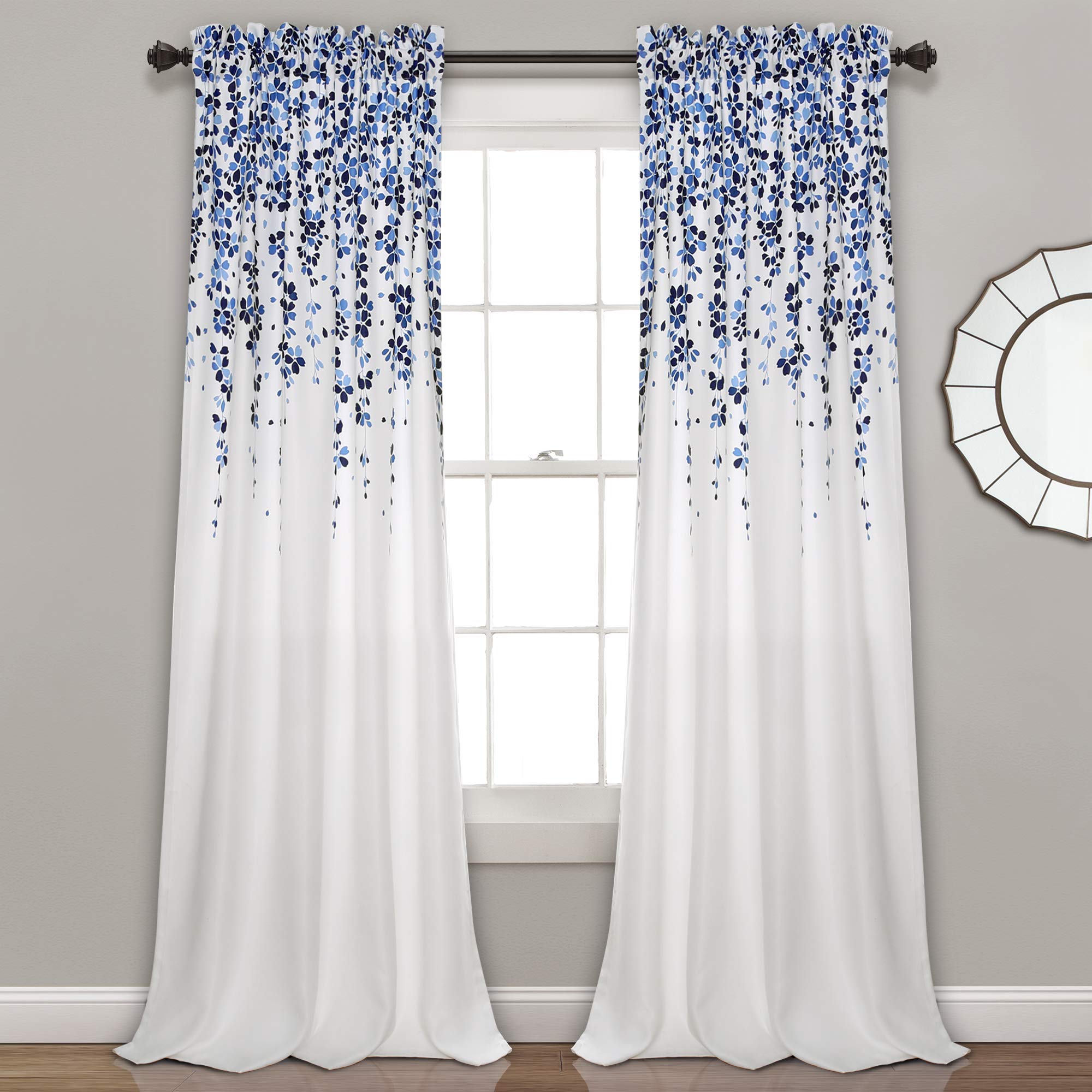 Lush Decor Weeping Flowers Darkening Window Curtains Panel Set for Living, Dining Room, Bedroom (Pair), 52" W x 84" L, Navy & Blue