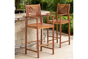 COSTWAY Outdoor Bar Chairs Set of 2, 29'' Tall Acacia Wood Barstools with Back Support, Armrest and Footrest, Patio High Top 