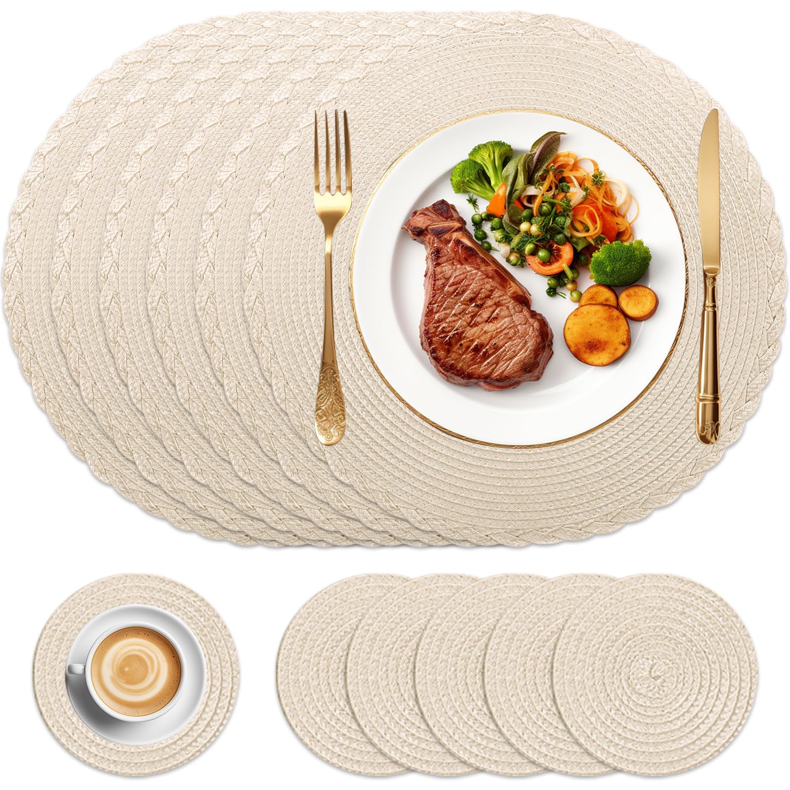 HEYOMART Round Placemats and Coasters Set of 6, Braided Woven Placemats Washable Heat Resistant Table Mats for Kitchen Dining Table Home Restaurant, Apricot