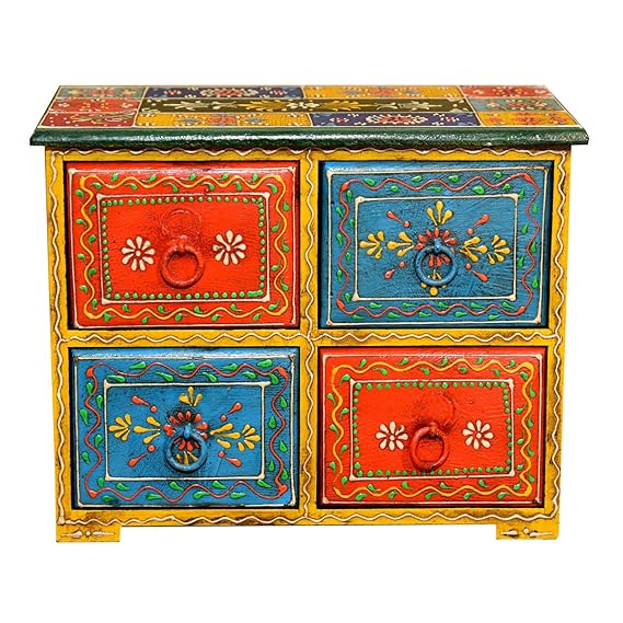 Orientalische Mini-Apothekerschrank handbemalte Holz-Kästchen Ishara mit 4 Schubladen bunt | H 18 x B 25 x T 13 cm | Die Orig