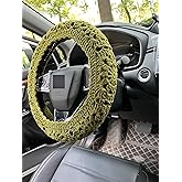 YDMZZB Handmade Crochet Sunflower Car Steering Wheel Covers Universal 14-15 inch for Women and Men,Mustard Greens (Steering Wheel Covers)